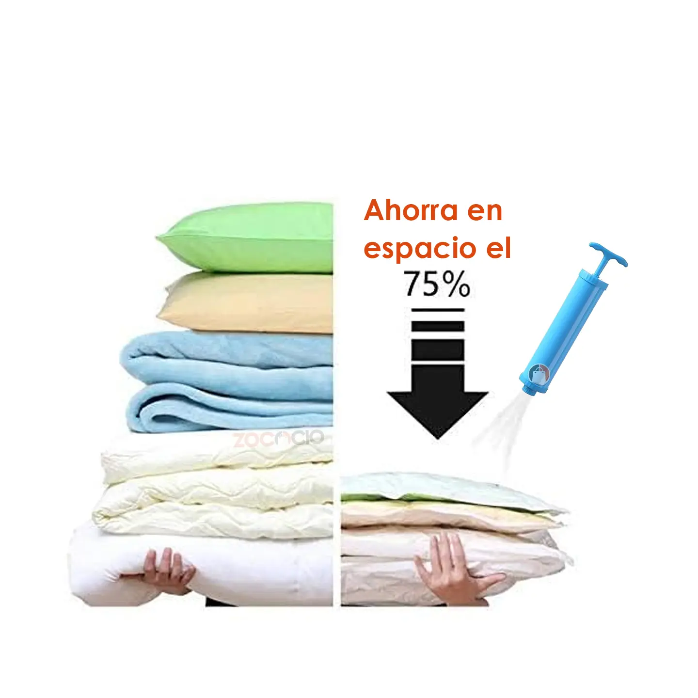 Pack 5x bolsas vacío ahorra espacio + bomba: organiza ropa y textiles, ahorrando 75% de espacio.