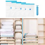Pack 5 bolsas al vacío para ahorrar espacio, con ropa y cojines organizados en armario.