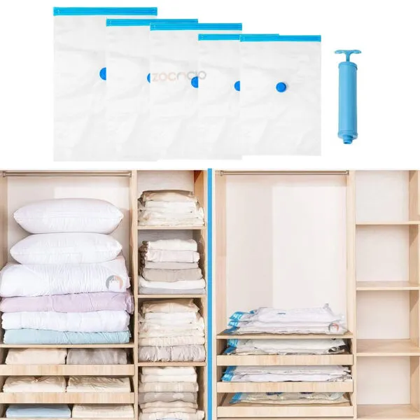 Pack 5 bolsas al vacío para ahorrar espacio, con ropa y cojines organizados en armario.