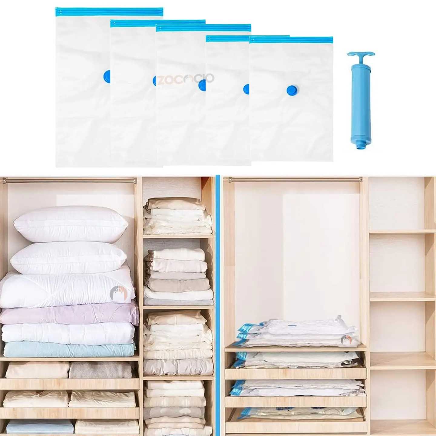 Pack 5 bolsas al vacío para ahorrar espacio, con ropa y cojines organizados en armario.