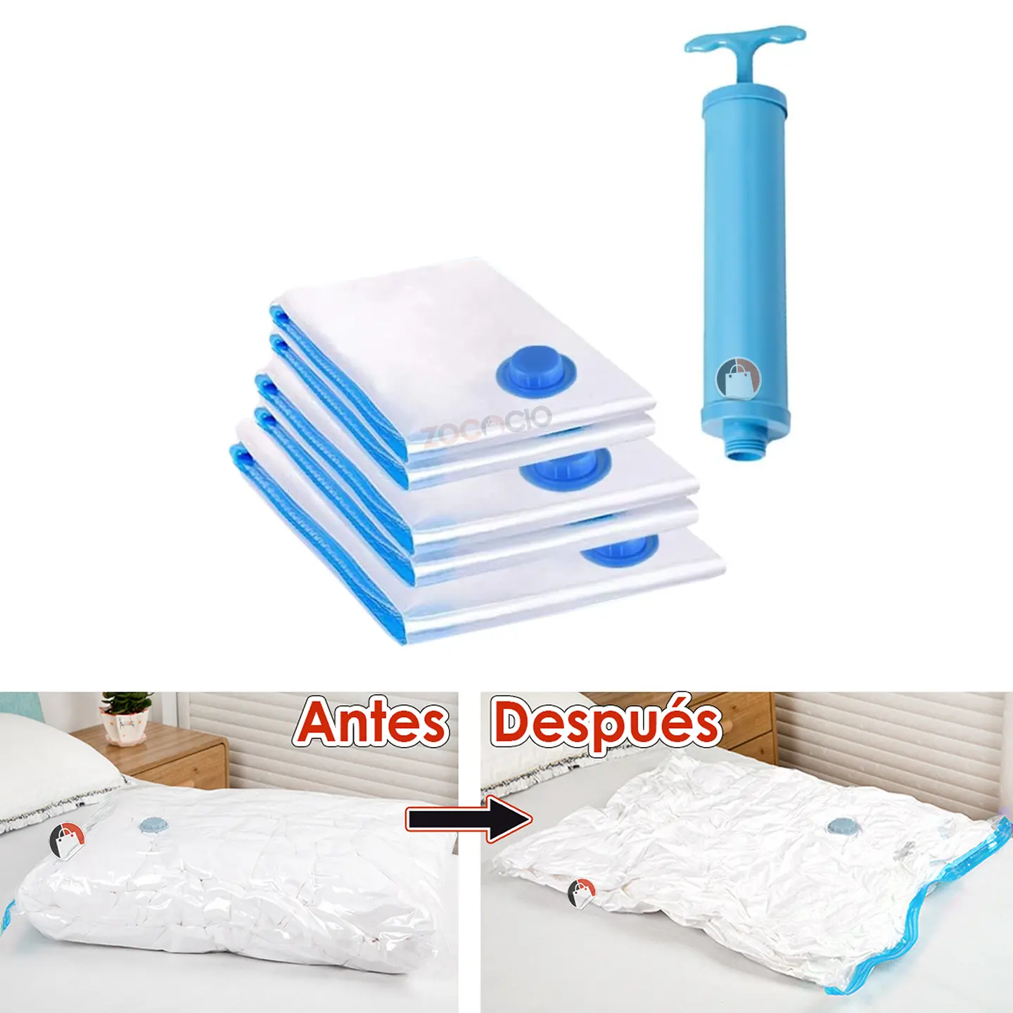 Bolsas al vacío para ahorrar espacio con bomba: guarda ropa y mantas, antes y después.