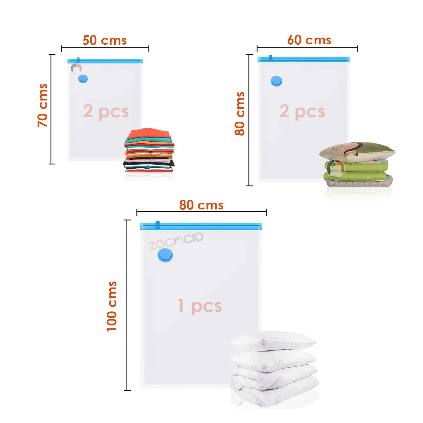 Pack 5 bolsas al vacío con bomba: 2 de 50x70cm, 2 de 60x80cm y 1 de 80x100cm.