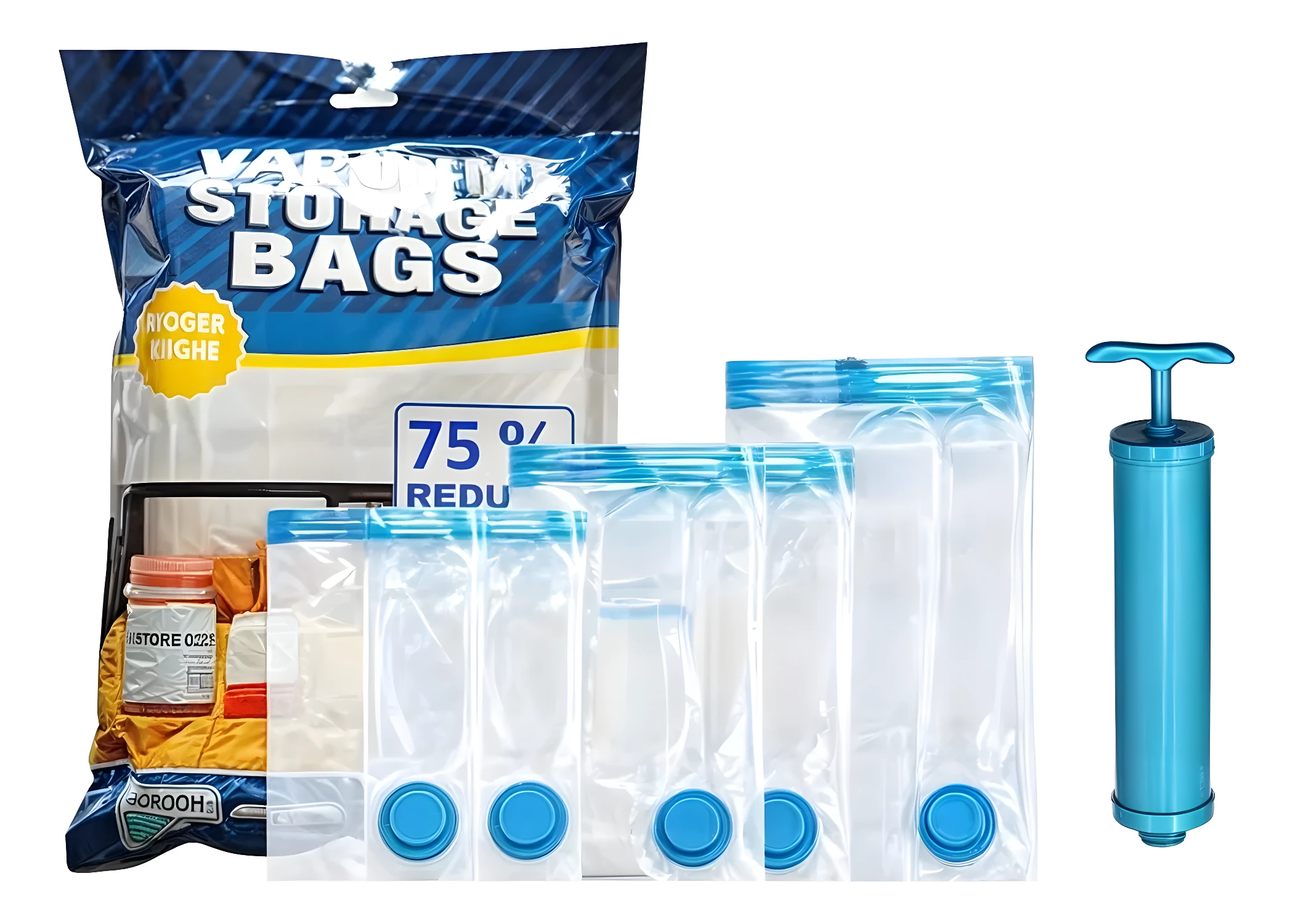 Bolsas al vacío ahorradoras de espacio y bomba manual para optimizar almacenamiento en hogar.