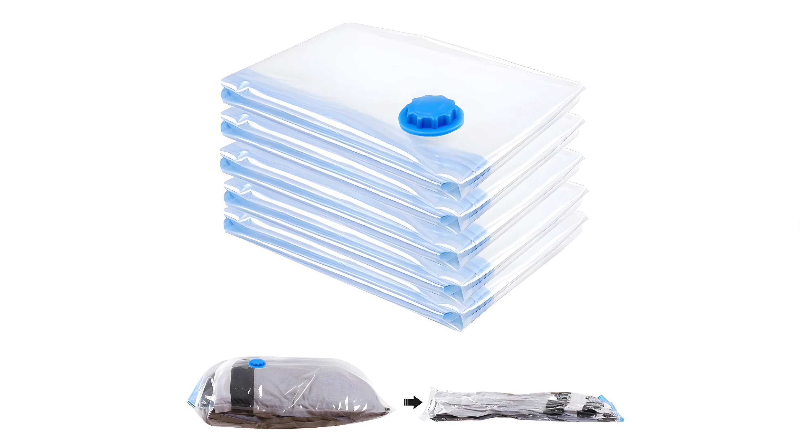 Pack de 5 bolsas al vacío con bomba, ideal para ahorrar espacio en tu hogar.