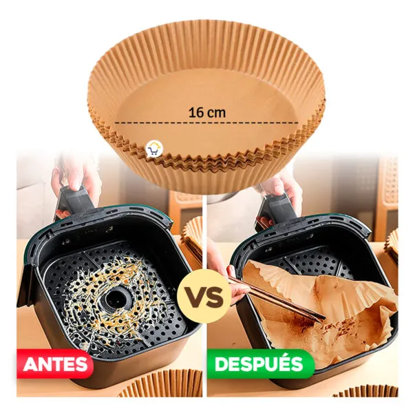 Set x200 papel antiadherente para freidora de aire, antes y después: sin residuos vs. limpio.