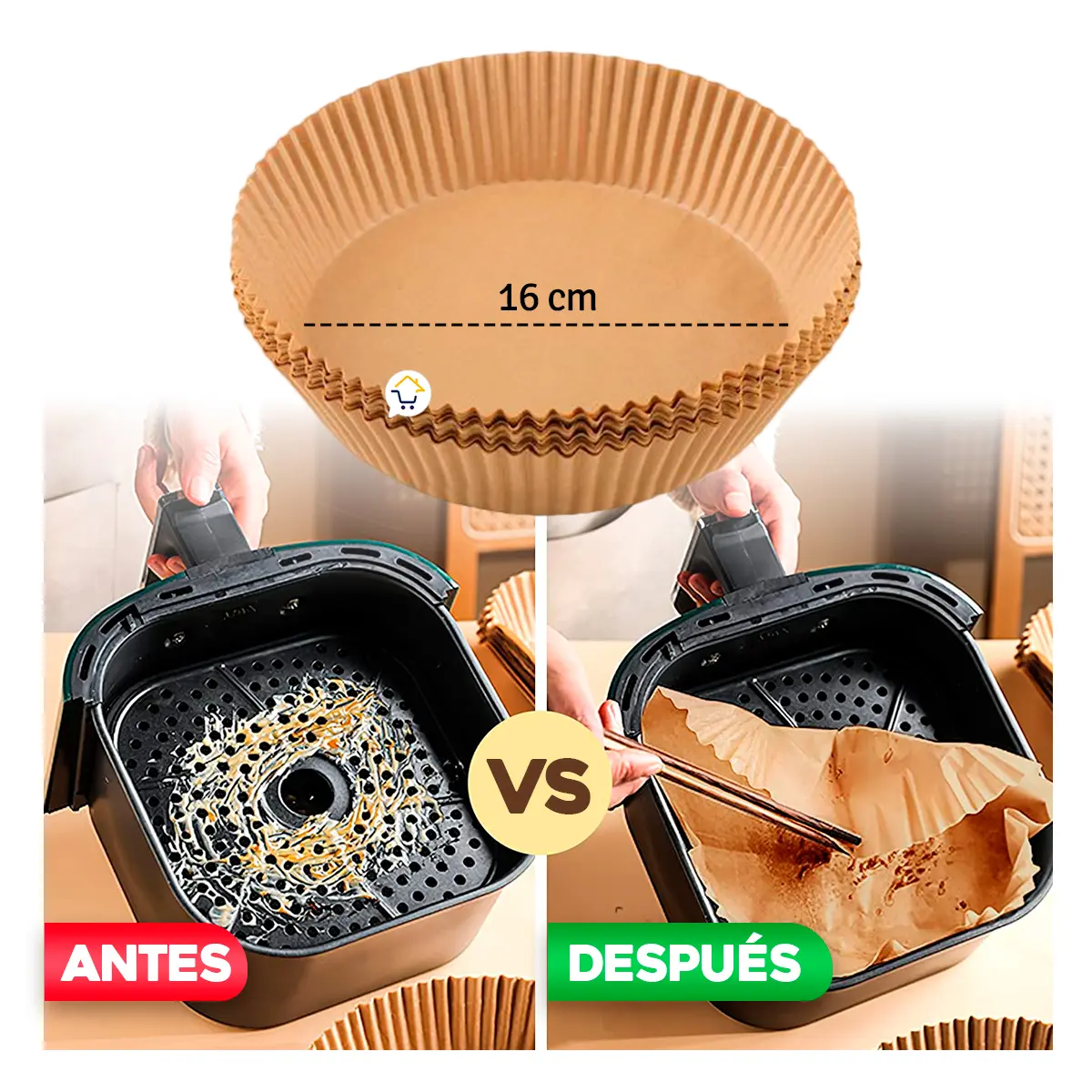Set x200 papel antiadherente para freidora de aire, antes y después: sin residuos vs. limpio.