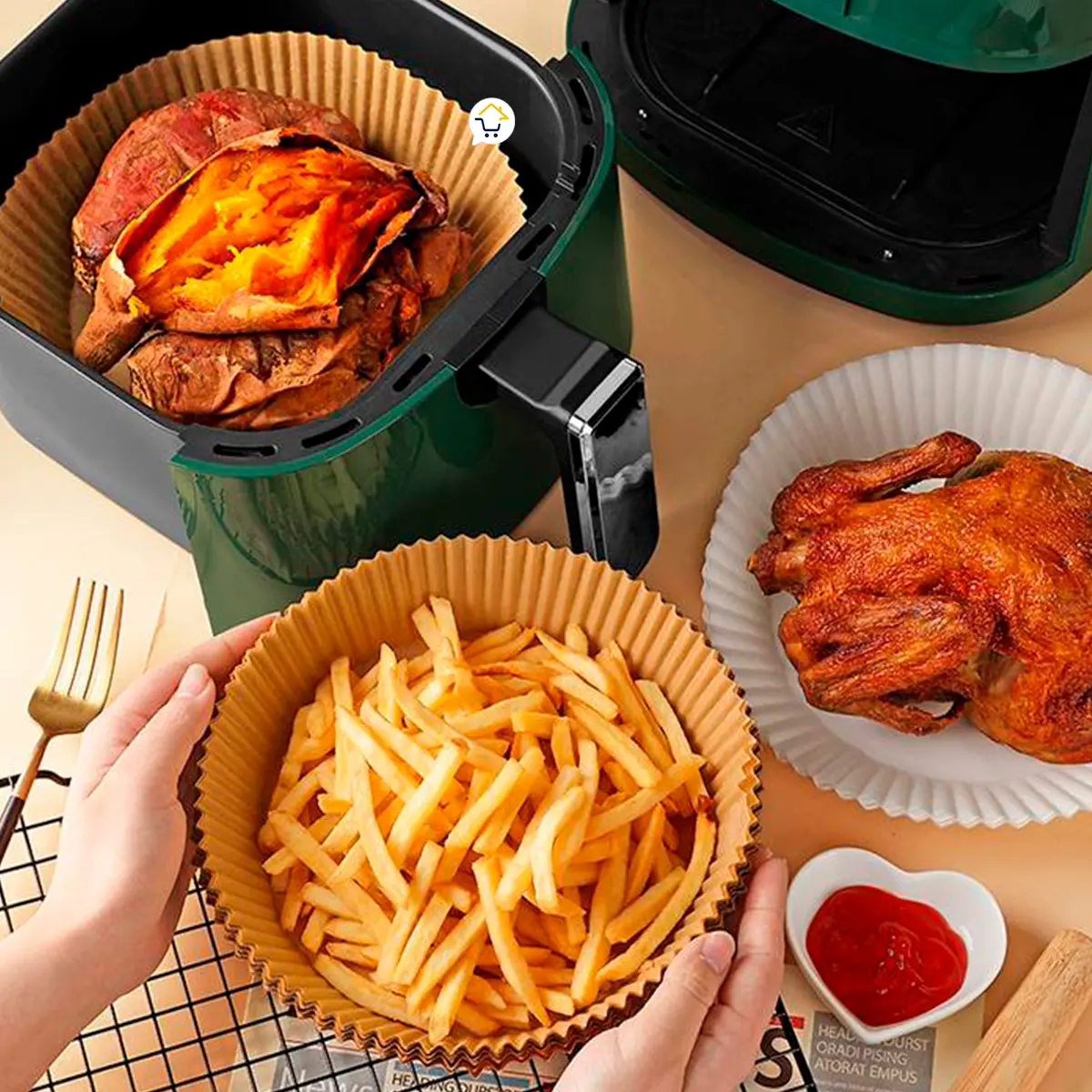 Set x200 papel antiadherente para freidora de aire con papas, pollo y batatas asadas.