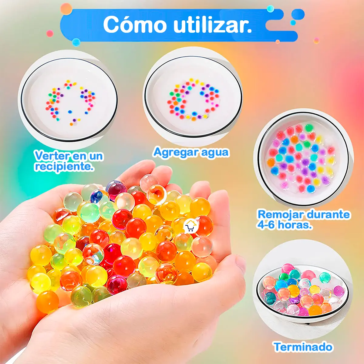 Set x2 paquetes de perlas hidrogel decorativas en agua, coloridas y listas para usar.
