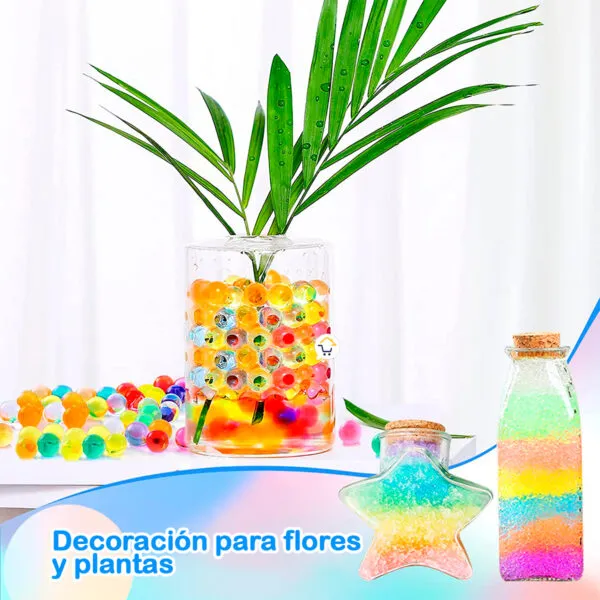 Perlas de hidrogel coloridas para decoración de flores y plantas en jarrón y botellas.