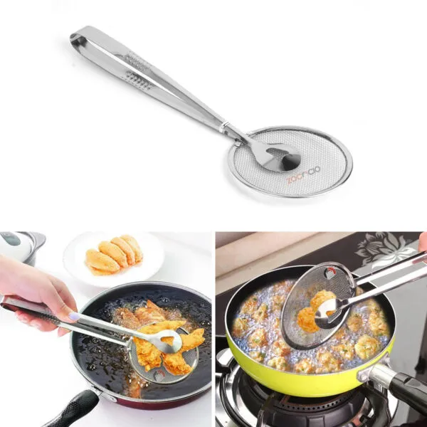 Pinza colador de cocina multifuncional sacando comida frita de un sartén.