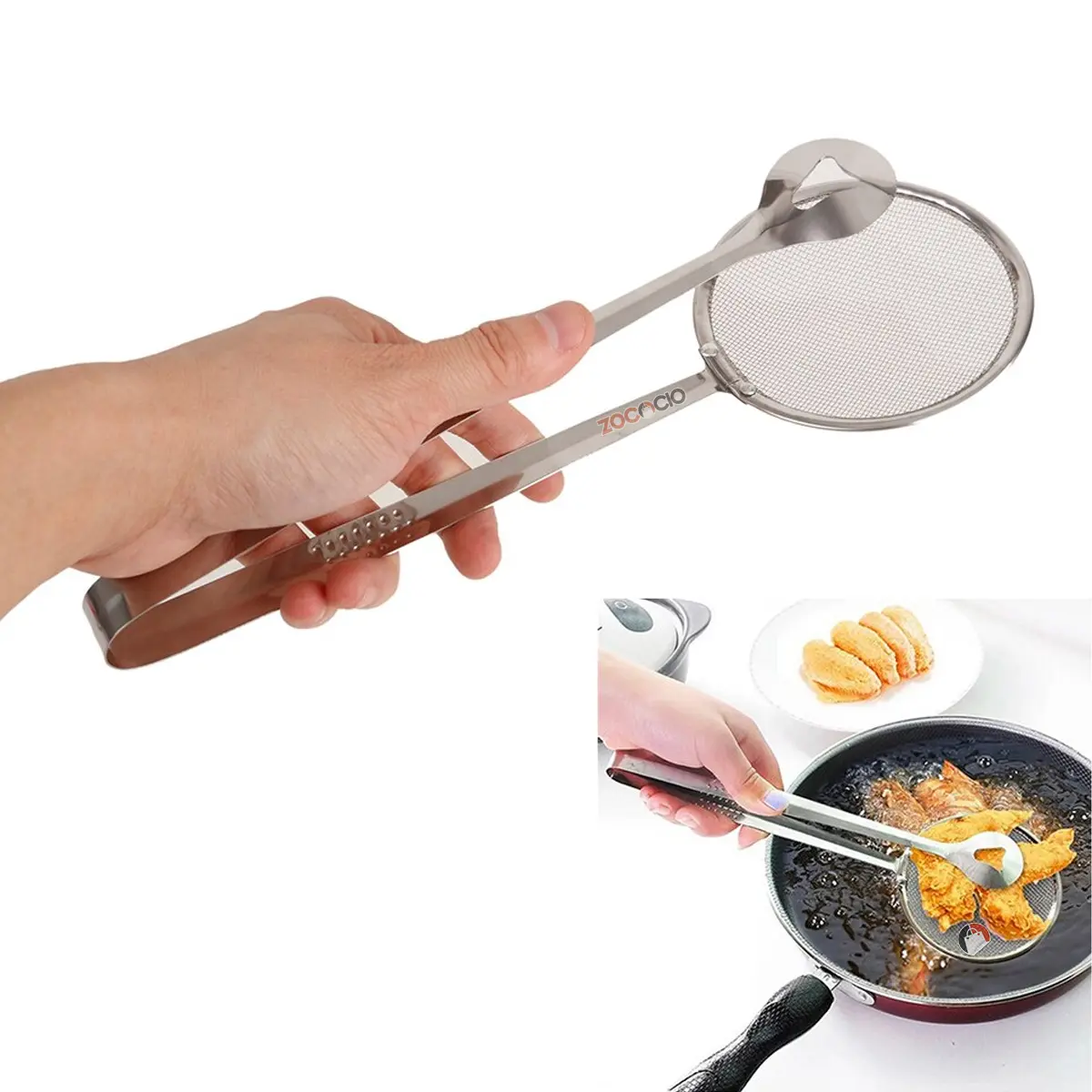 Pinza colador de cocina multifuncional en acción, para freír y filtrar alimentos en aceite.
