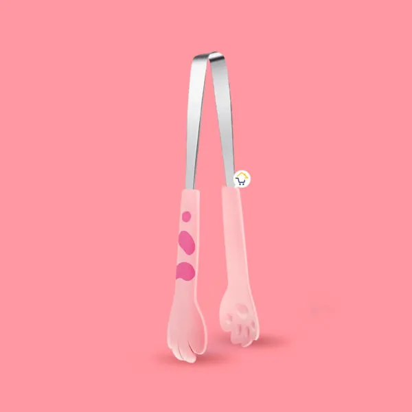 Pinza de cocina rosa con patitas de gatito, ideal para hornear y asar alimentos.