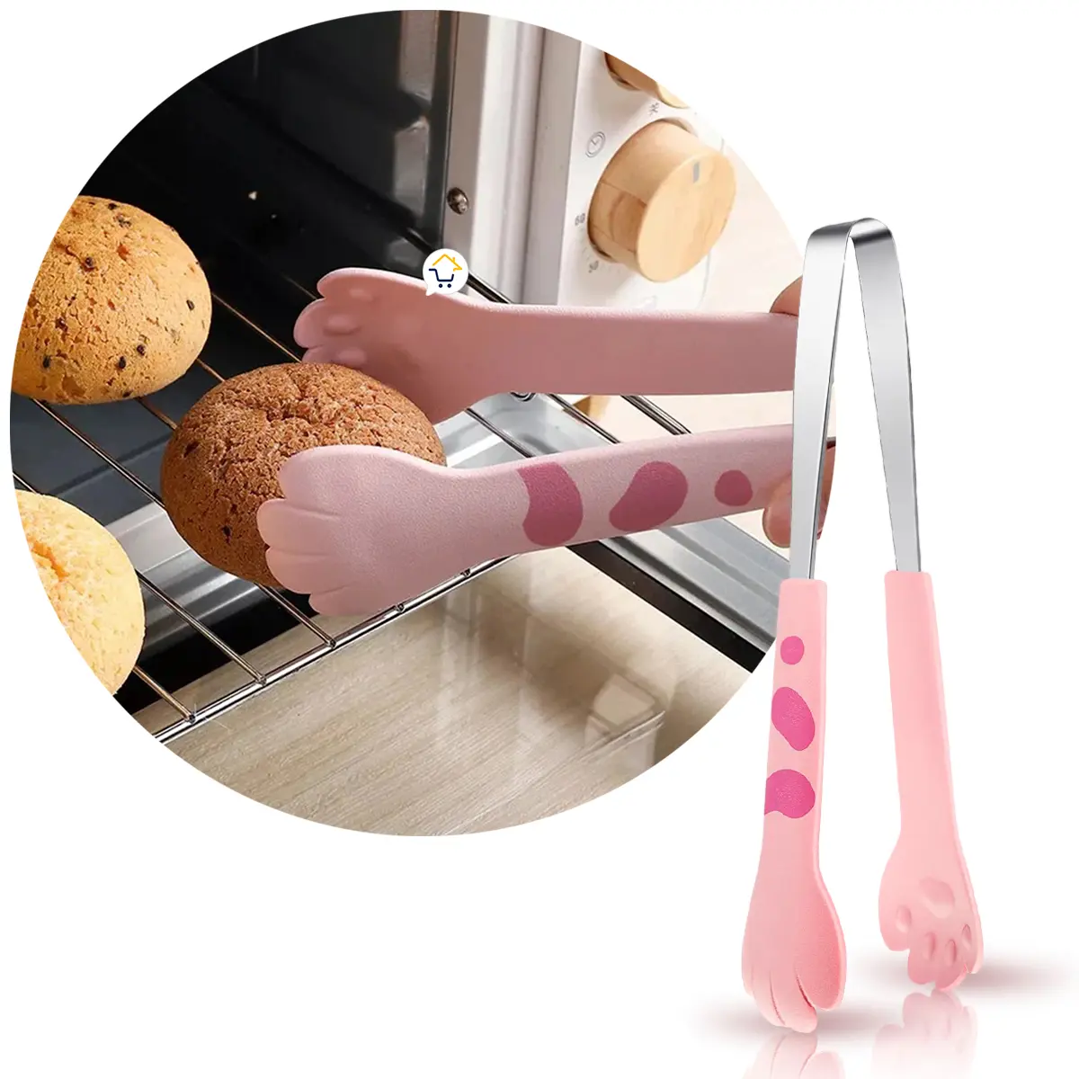 Pinzas de cocina con diseño de patita de gatito para manipular galletas recién horneadas en el horno.