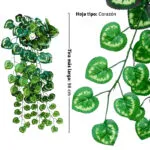 Planta artificial colgante con hojas en forma de corazón y follaje verde vibrante.