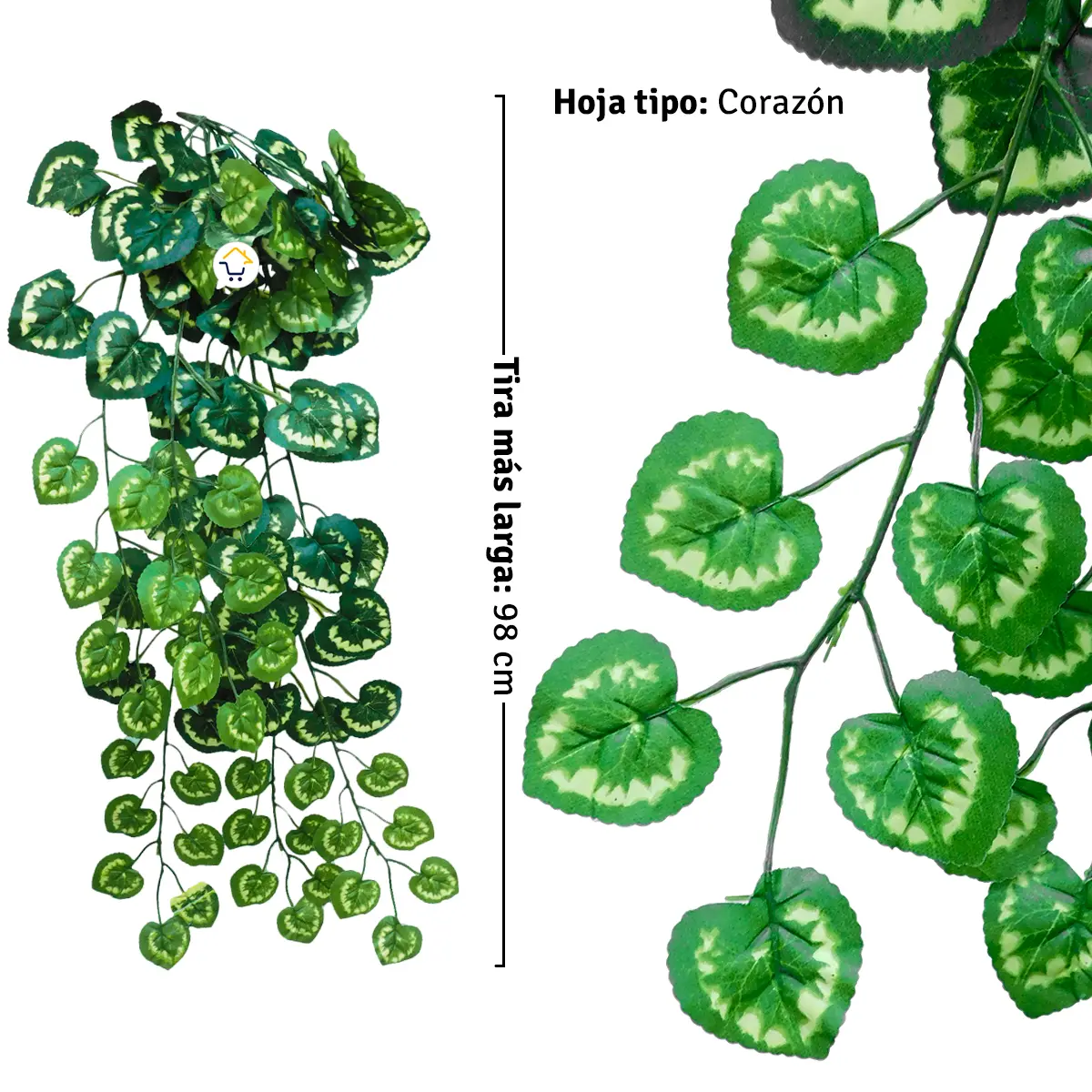 Planta artificial colgante con hojas en forma de corazón y follaje verde vibrante.