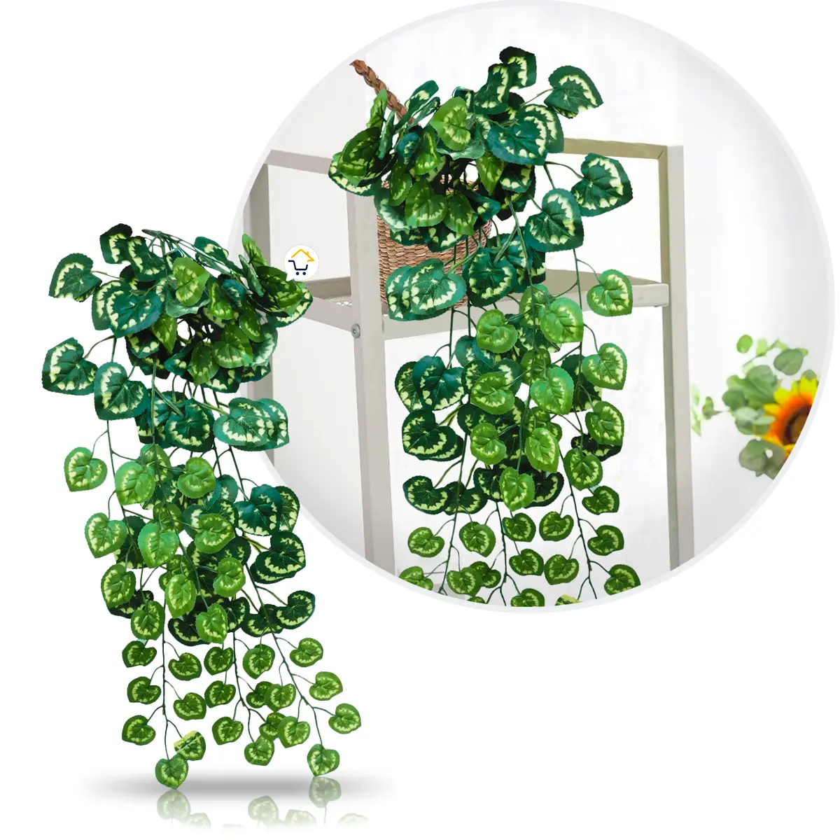 Planta artificial enredadera colgante con hojas verdes en forma de corazón.