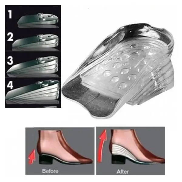 Plantillas de silicona ortopédicas para zapatos, aumentan estatura hasta 5 cm, apilables y cómodas.