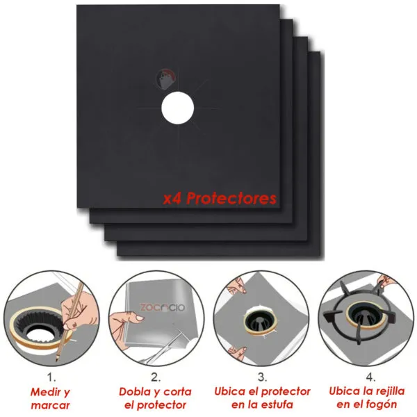 Set x4 protectores para estufa, cubiertas reutilizables negro, diseño fácil de instalar.