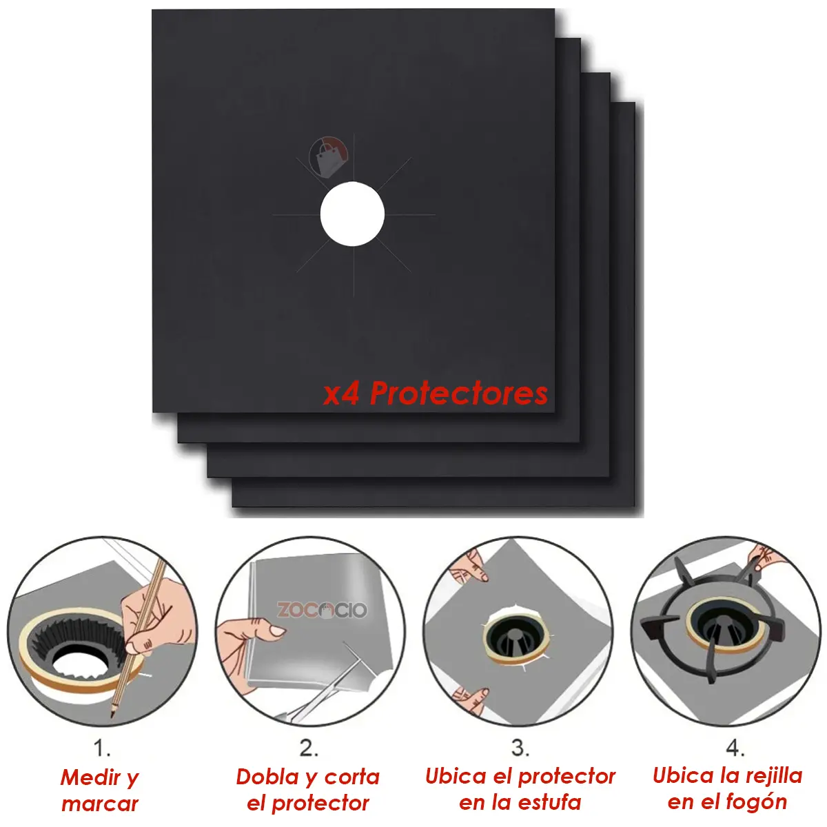 Set x4 protectores para estufa, cubiertas reutilizables negro, diseño fácil de instalar.