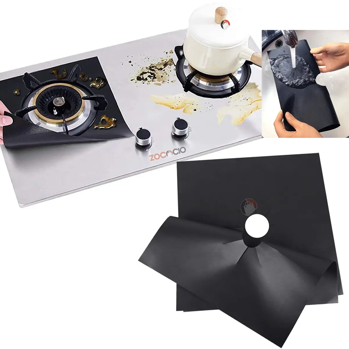 Set x4 protectores negros reutilizables para estufa, fácil limpieza, cubren salpicaduras.