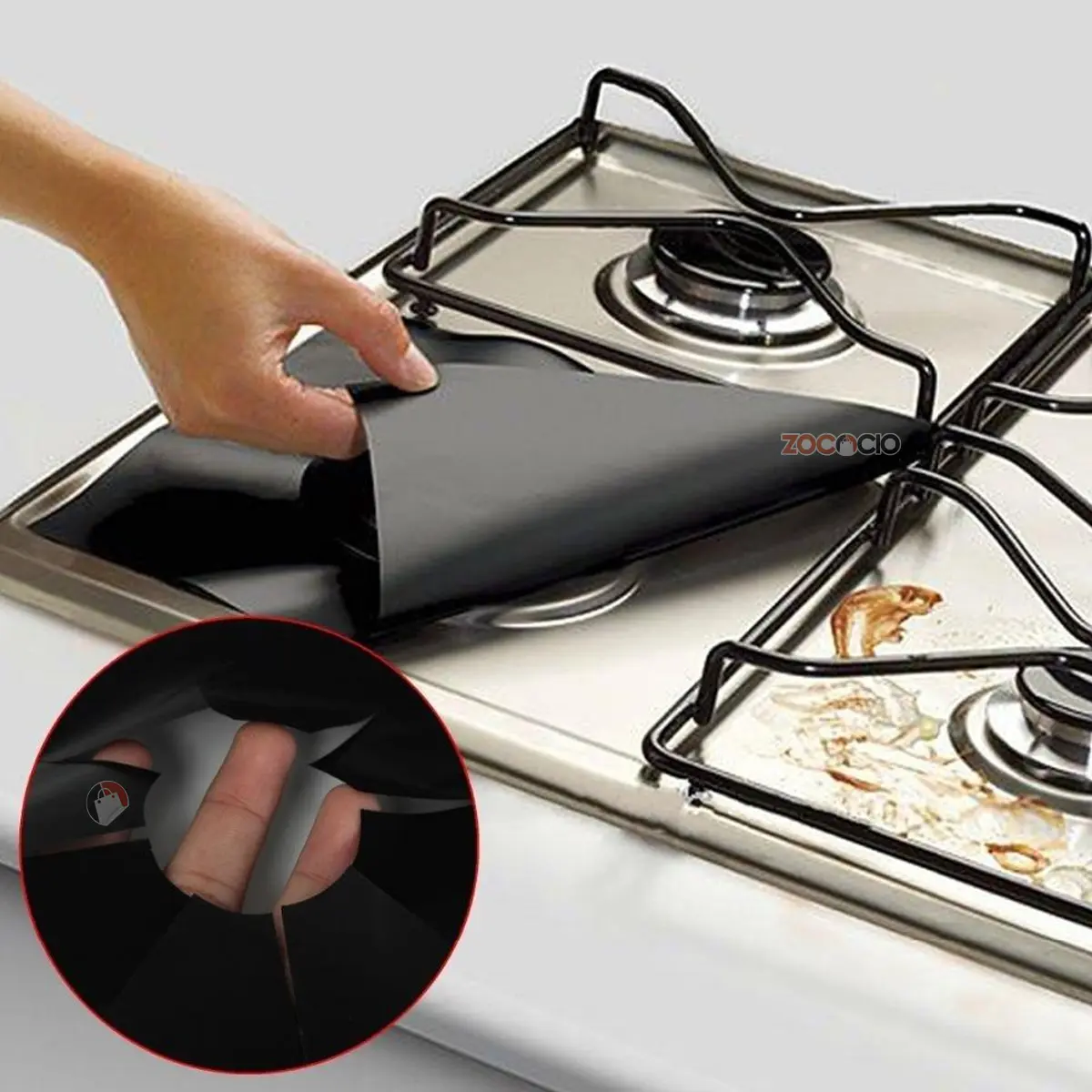 Set de 4 protectores reutilizables para estufa cubriendo superficie metálica y rejillas de gas.