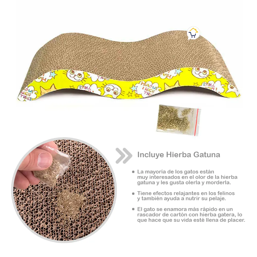Rascador de cartón corrugado para gatos con almohadilla antiestrés y hierba gatera incluida.