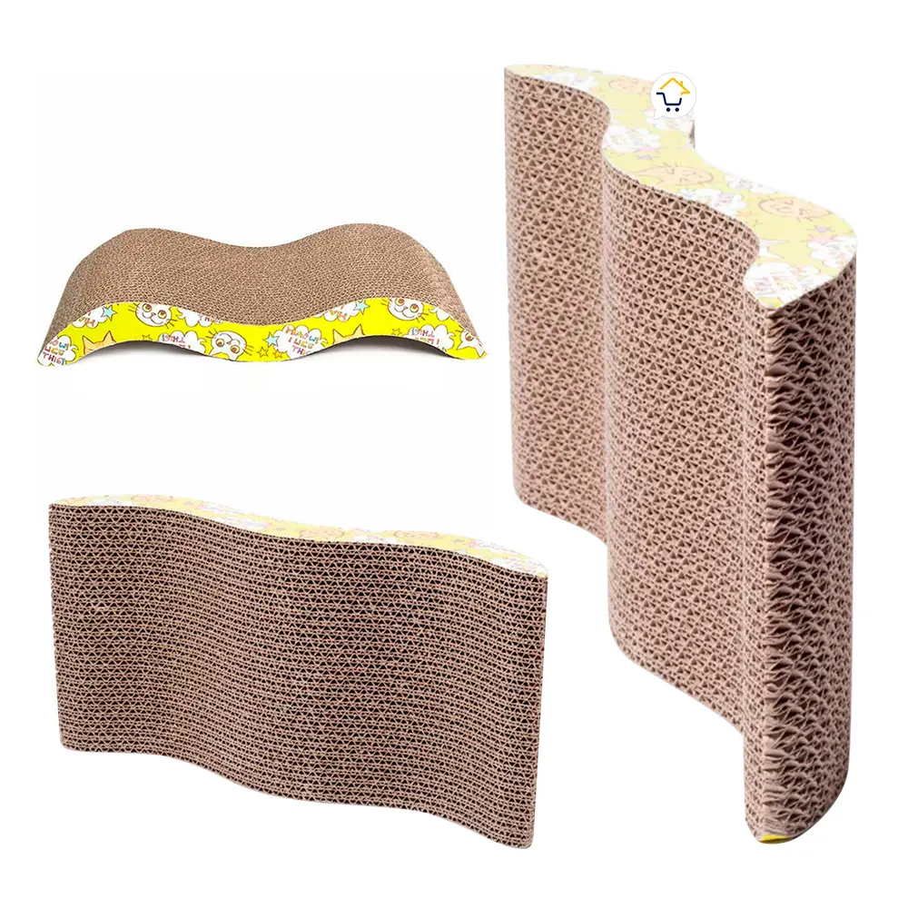 Rascador para gatos de cartón corrugado en forma de ola, almohadilla antiestrés con diseño divertido.