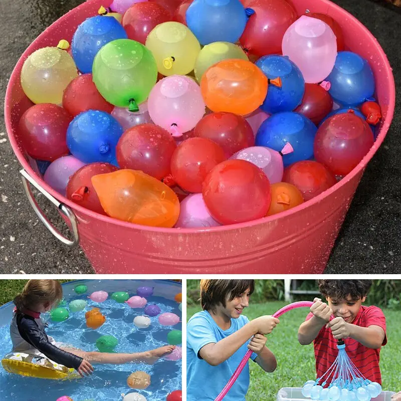 Set x2 Magic Balloons: niños llenando globos de agua coloridos en piscina y jardín.