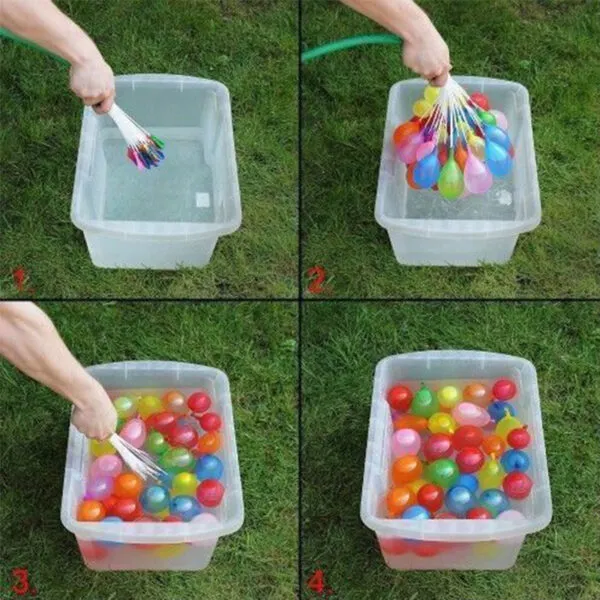 Set x2 Magic Balloons recargador globos agua, llenando globos de colores con manguera en tina.