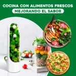 Recipiente para conservar hierbas frescas y alimentos gourmet como ensaladas y pizza con ingredientes saludables.