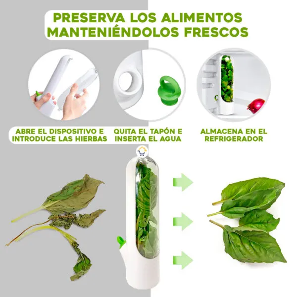 Recipiente para conservar hierbas frescas en el refrigerador, fácil de usar.