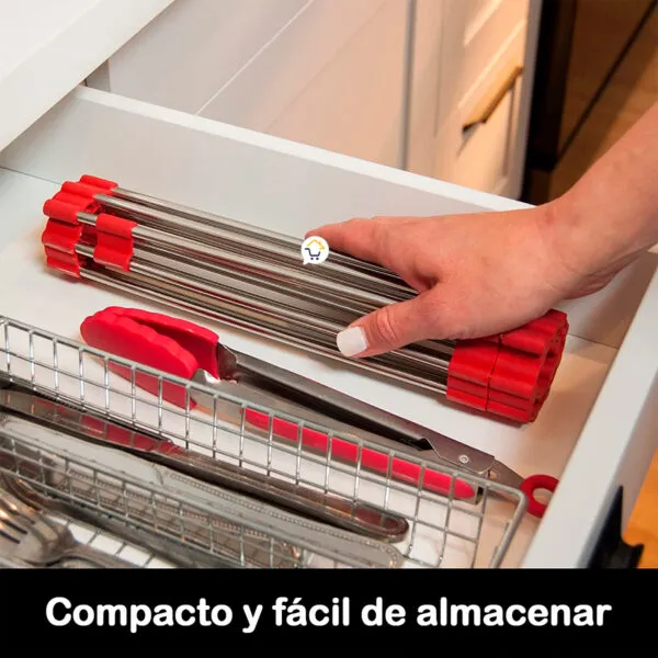 Rejilla de cocina expandible con escurridor de silicona, útil para horno y fácil de almacenar.