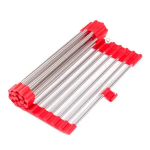 Rejilla expandible de silicona y acero inoxidable para secar platos y apoyar ollas calientes.