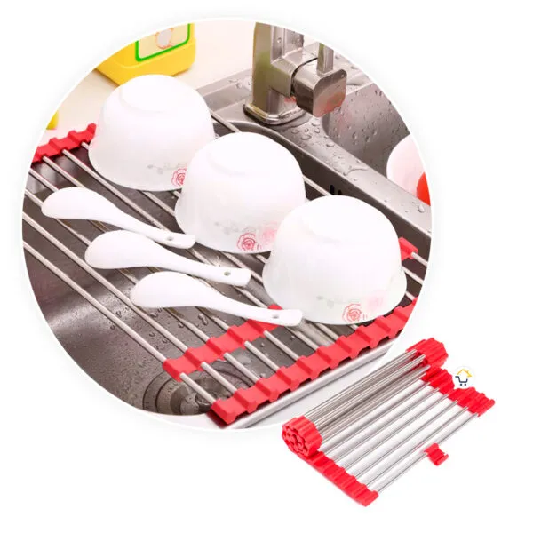 Rejilla escurridor expandible para cocina, ideal para secar platos, bowls y utensilios sobre el lavaplatos.