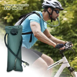 Bolsa de hidratación de 3L para ciclista en acción, repuesto tipo camelback.