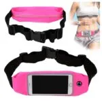 Riñonera deportiva impermeable color rosa para celular, ideal para correr y entrenar.