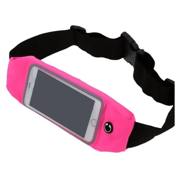 Riñonera deportiva impermeable rosa con visor para celular y cinturón ajustable.