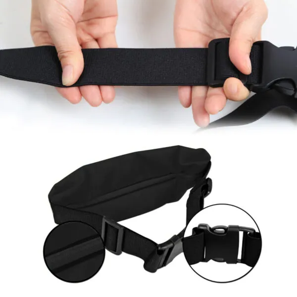 Riñonera deportiva impermeable negra con cremallera y hebilla ajustable, ideal para celular.