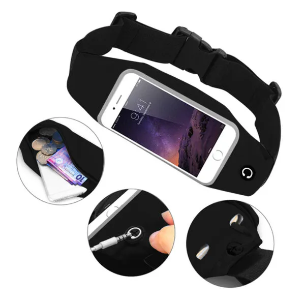 Riñonera deportiva impermeable negra para celular, con bolsillo para dinero y audífonos.