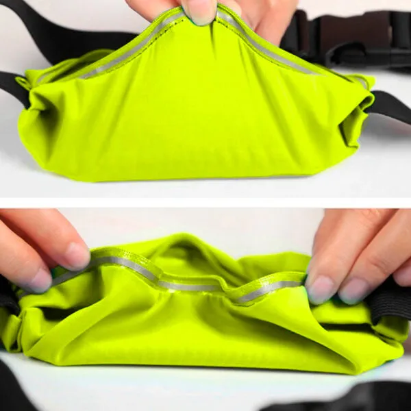 Riñonera deportiva fluorescente con compartimento para celular, impermeable y ajustable.