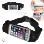 Riñonera deportiva impermeable para celular con auriculares y cinturón ajustable.