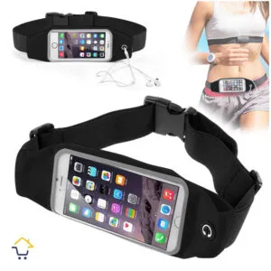 Riñonera deportiva impermeable para celular con auriculares y cinturón ajustable.