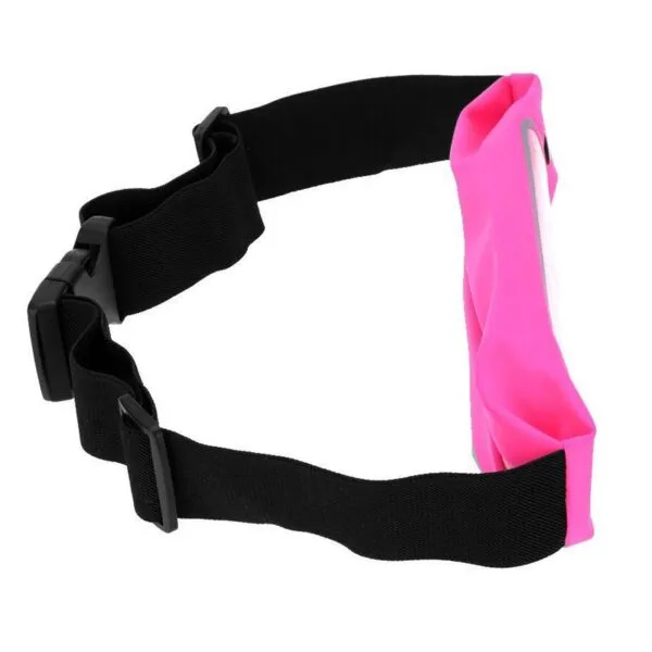 Riñonera deportiva impermeable para celular con correa negra y compartimento rosa.