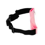 Riñonera deportiva impermeable negra con bolsillo rosa para celular, vista lateral.