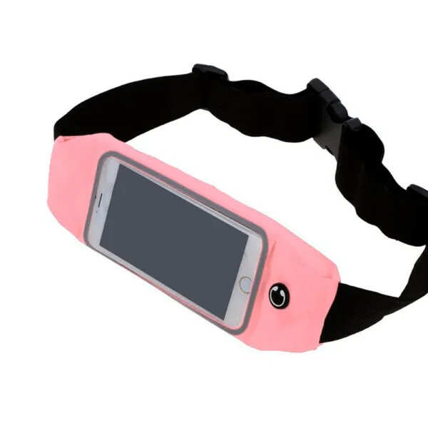 Riñonera deportiva impermeable para celular, con cinturón ajustable y compartimento para el móvil.