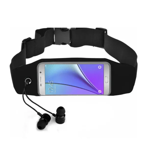 Riñonera deportiva impermeable para celular con auriculares, ideal para correr y hacer ejercicio.