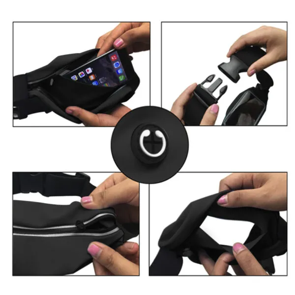 Riñonera deportiva impermeable para celular con cierre, ideal para running.