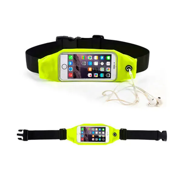 Riñonera deportiva impermeable para celular, ideal para running, con auriculares y cierre.