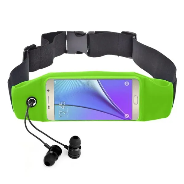 Riñonera deportiva con cinturón negro e impermeable para celular y audífonos, color verde lima.