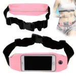 Riñonera deportiva rosa impermeable para celular, ideal para correr y ciclismo con cinturón ajustable.